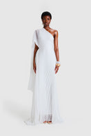 White chiffon pleated asymmetric maxi dress by BBXBRAND, flowing fabric with elegant pleats and a stylish asymmetrical design.