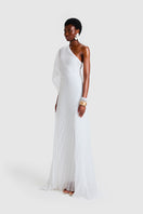 White chiffon pleated asymmetric maxi dress by BBXBRAND, flowing fabric with elegant pleats and a stylish asymmetric hem.