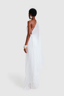 White chiffon pleated asymmetric maxi dress by BBXBRAND, flowing fabric with elegant pleats and a stylish asymmetrical design.