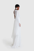 White chiffon pleated asymmetric maxi dress by BBXBRAND, flowing fabric with elegant pleats and a stylish asymmetric hem.