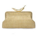 Gold chili straw clutch bag by Sarah's Bag featuring a stylish classic design with intricate straw detailing.