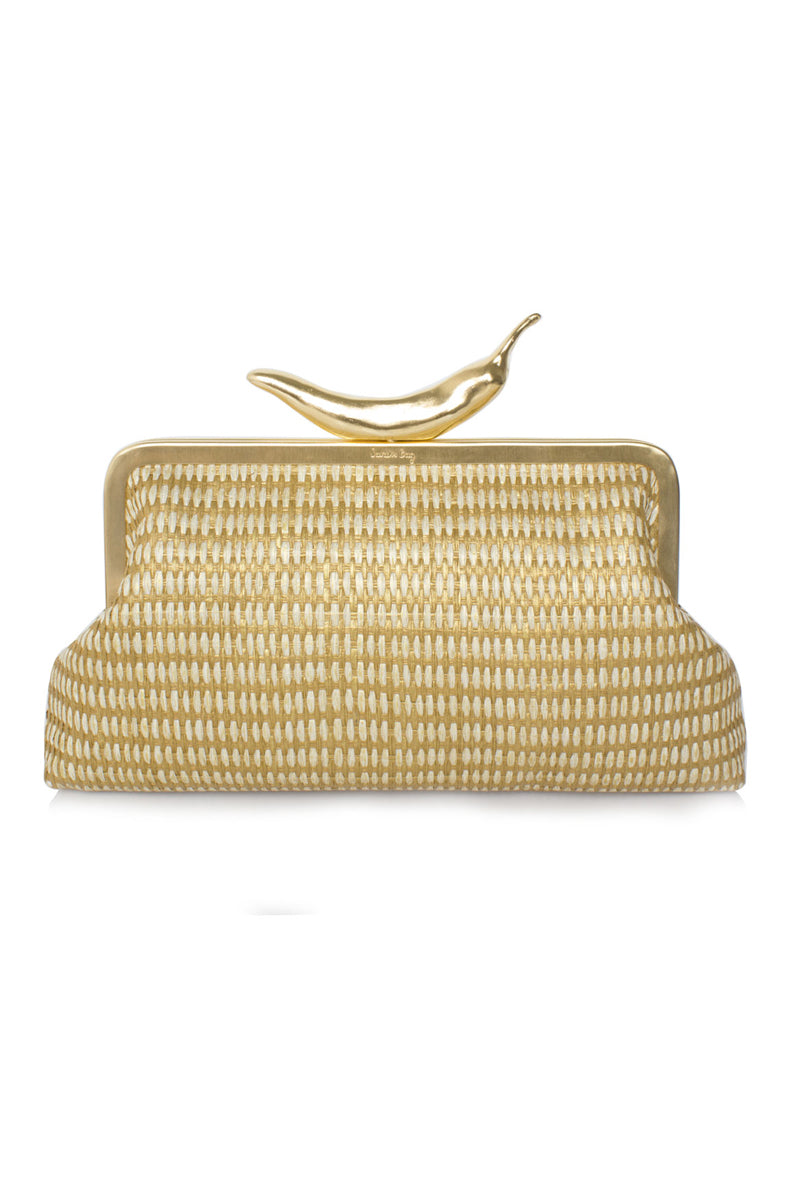 Gold chili straw clutch bag by Sarah's Bag featuring a stylish classic design with intricate straw detailing.