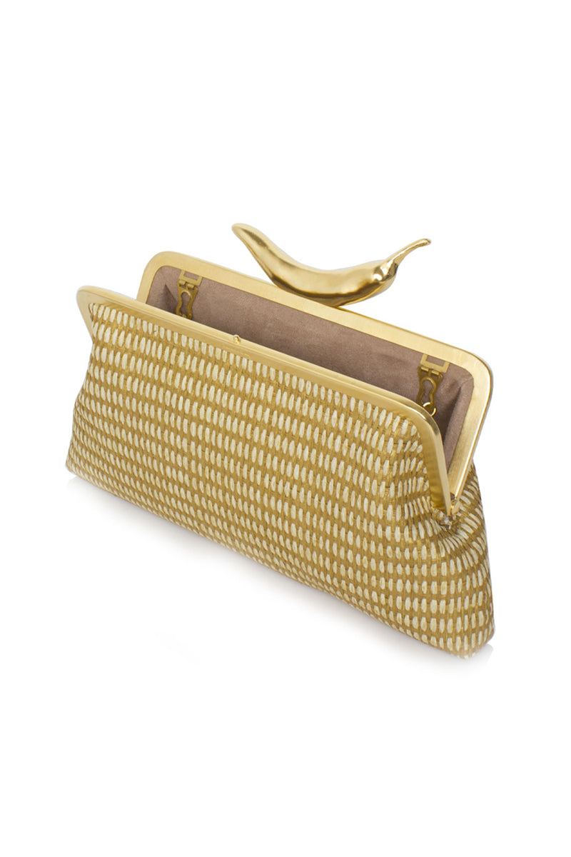 Gold chili straw clutch bag by Sarah's Bag, open-sided design with a chic, textured exterior perfect for stylish occasions.