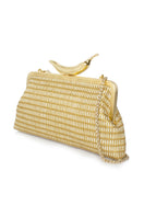 Gold Chili Straw Classic Clutch by Sarah's Bag showing its sleek design and straw texture with a gold-tone finish.