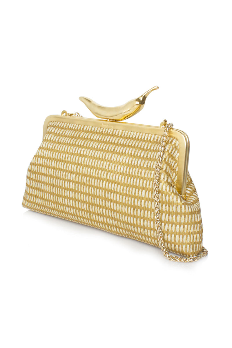 Gold Chili Straw Classic Clutch by Sarah's Bag showing its sleek design and straw texture with a gold-tone finish.