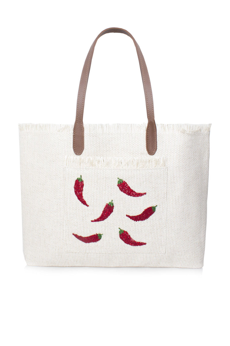 Sarah's Bag chilli design travel shoulder bag in white with adjustable strap and spacious interior.