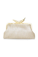 Silver chili straw clutch bag by Sarah's Bag, featuring a sleek design with chili-inspired silver straw accents.