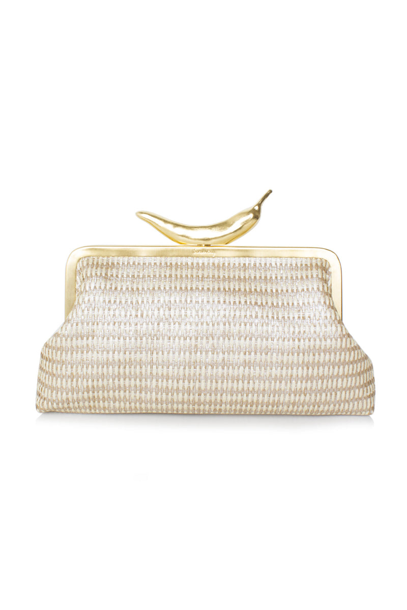 Silver chili straw clutch bag by Sarah's Bag, featuring a sleek design with chili-inspired silver straw accents.