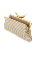 Silver chili straw clutch bag by Sarah's Bag featuring a sleek open-side design and detailed chili straw embellishments.