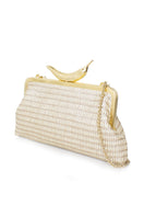 Silver chili straw clutch bag by Sarah's Bag with a sleek design and compact size, perfect for stylish accessories.