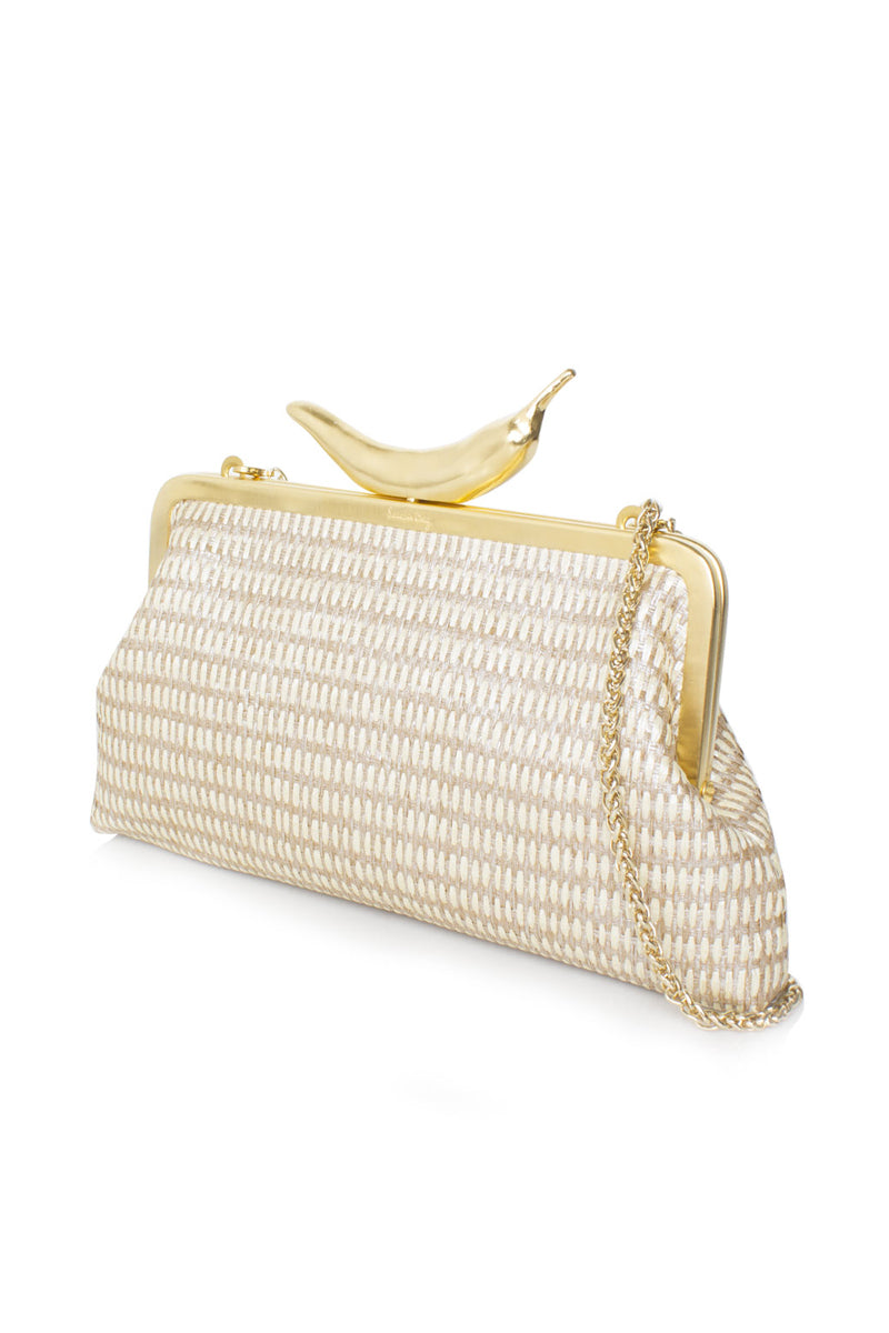 Silver chili straw clutch bag by Sarah's Bag with a sleek design and compact size, perfect for stylish accessories.