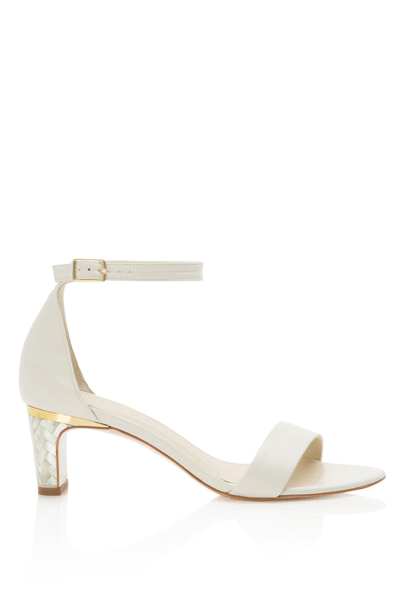 Chloe leather block pearl heels in ivory by Freya Rose, showing elegant heeled shoes with pearl accents and a sleek design.