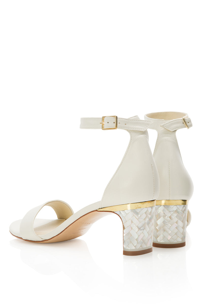 Ivory Chloe leather block pearl heels by Freya Rose, featuring elegant strap design and pearl embellishments.
