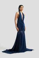 Navy blue Chloe maxi dress by Deme By Gabriella, flowing fabric, sleeveless design, and elegant floor-length style.