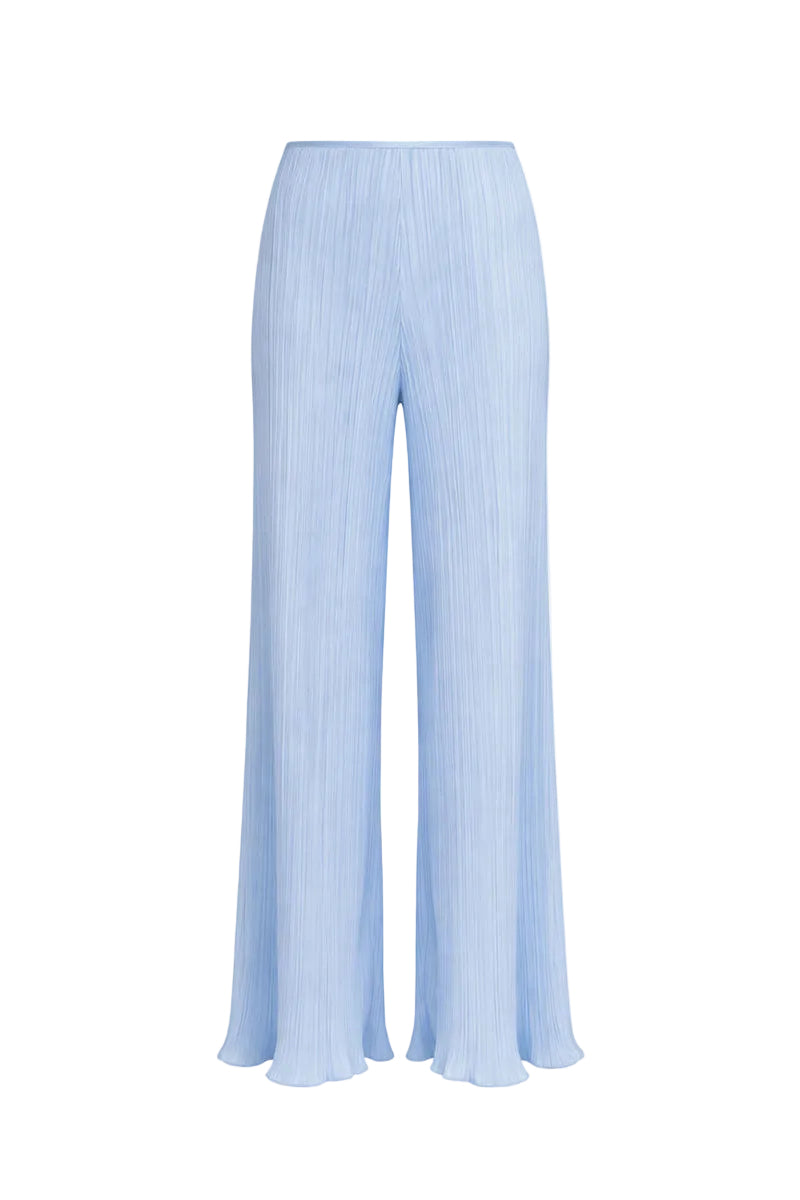 Baby blue Choza plissee pants by Maylé Vásquez featuring a relaxed fit and soft fabric, perfect for casual wear.