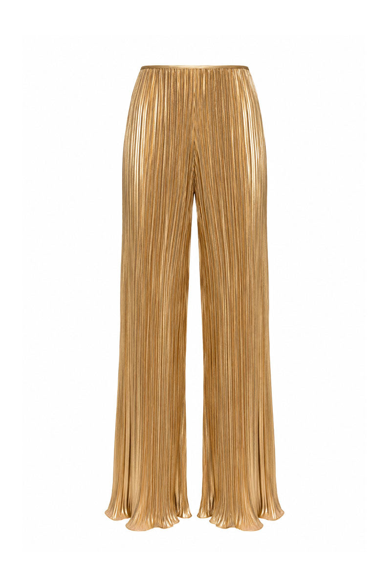 Maylé Vásquez Choza wide leg pants in gold fabric, featuring a relaxed fit and stylish design.
