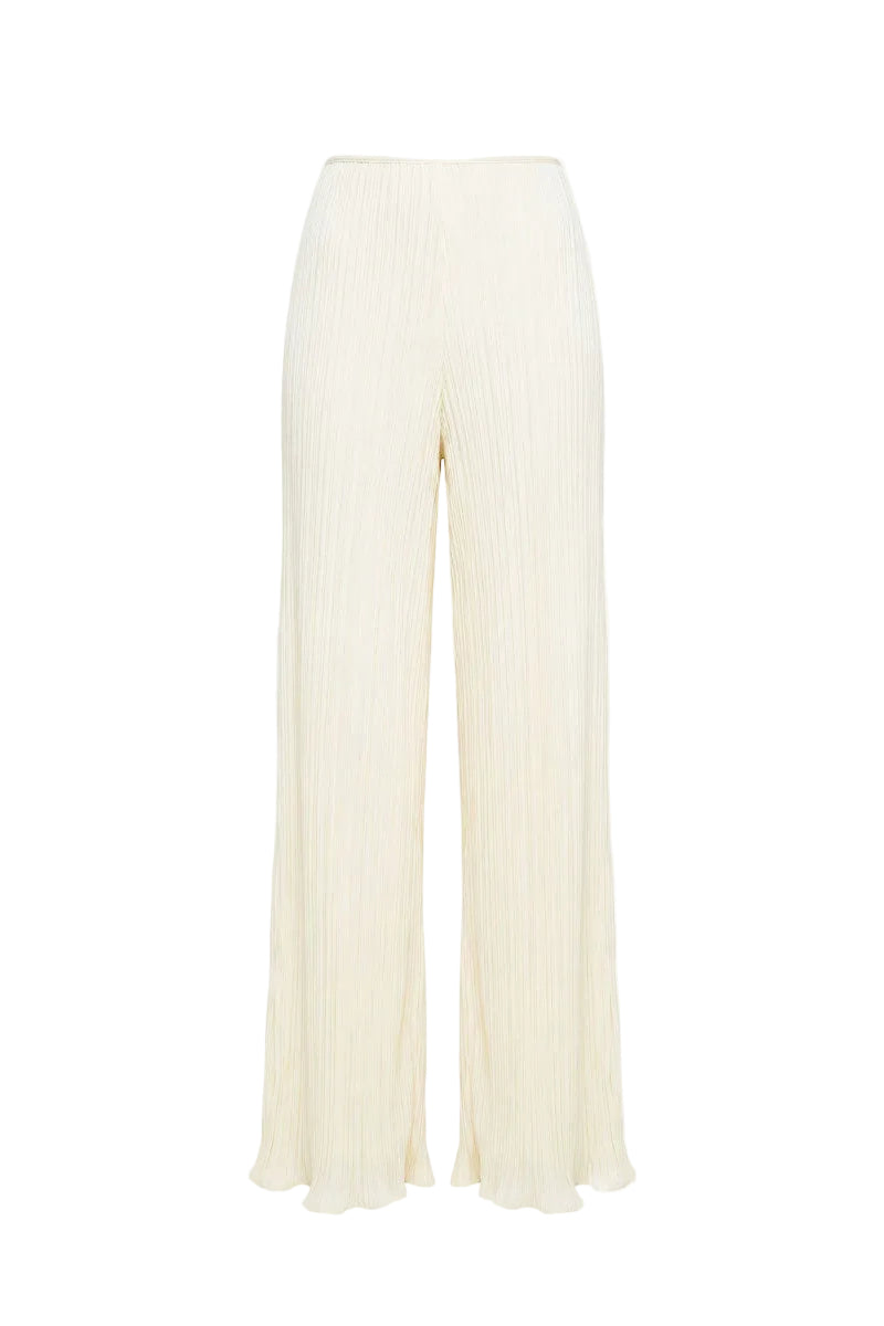 Off-white Choza Plisse Pants by Maylé Vásquez, featuring lightweight pleated fabric and relaxed fit for casual style.