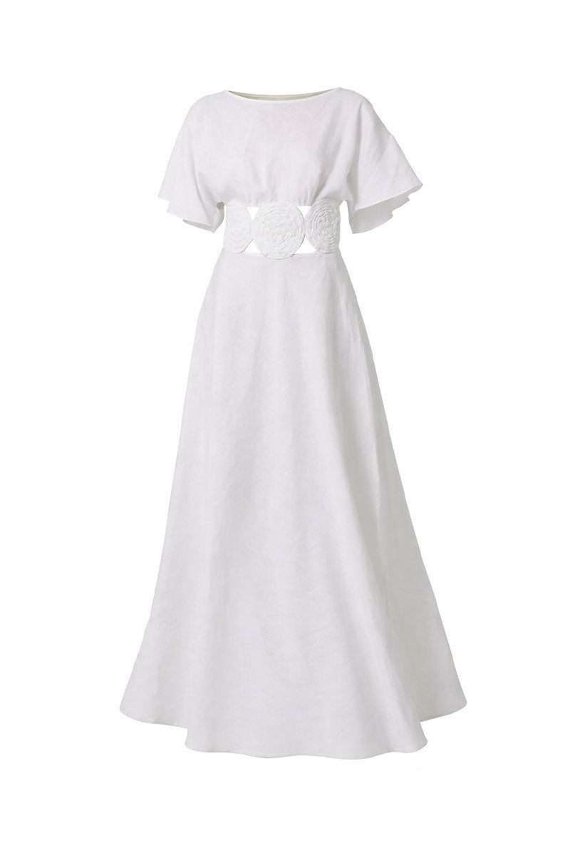 Off-white circle gown by Maylé Vásquez featuring a flowing, elegant design with a circular silhouette and soft fabric.