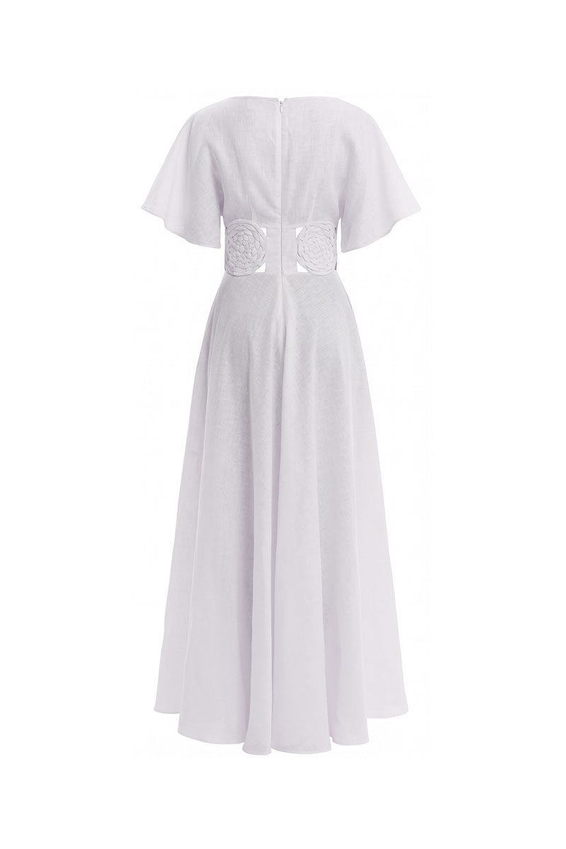 Off-white circle dress by Maylé Vásquez featuring a flowing gown with a circular silhouette and elegant drape.