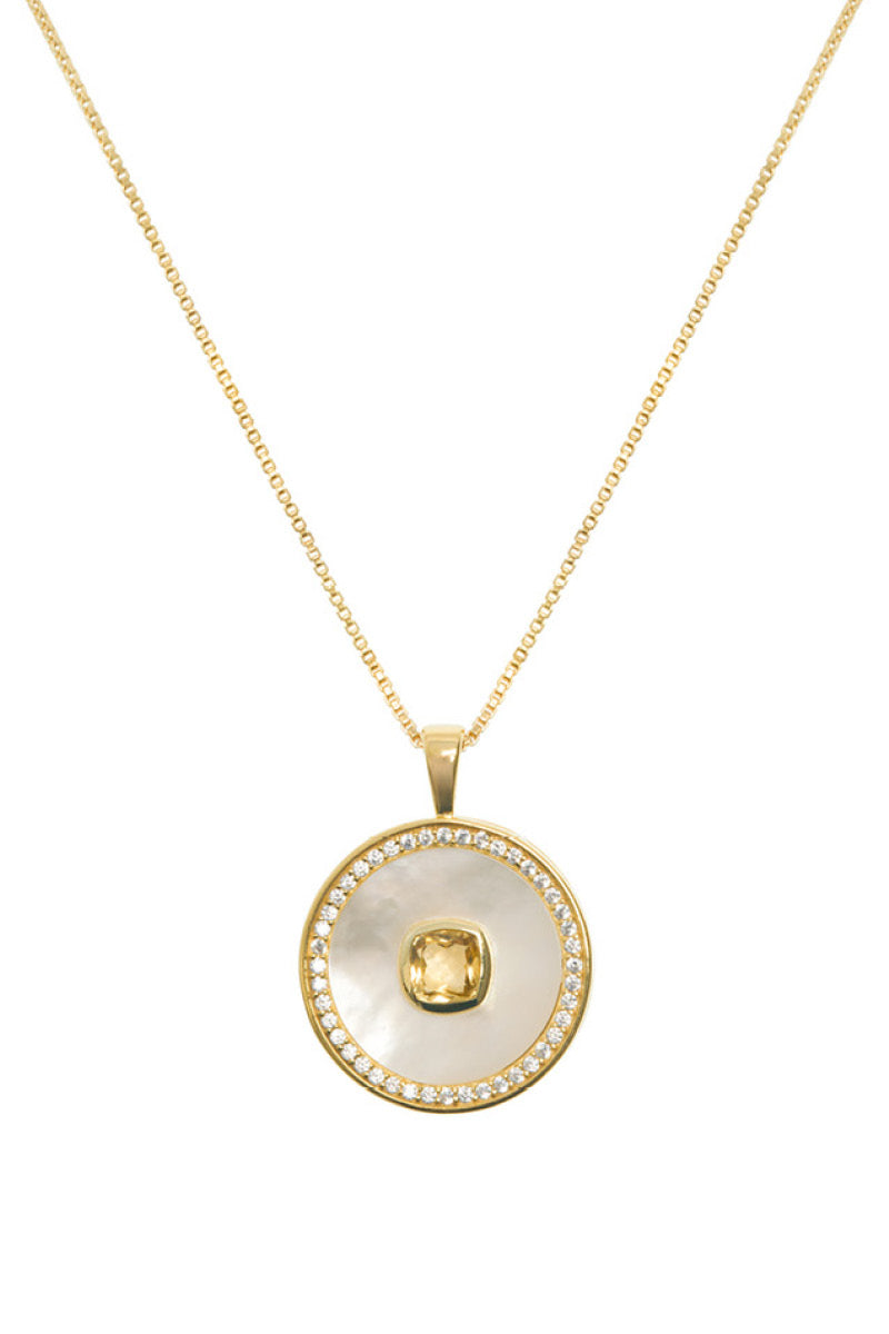 Gold vermeil November birthstone citrine and mother-of-pearl necklace by Freya Rose featuring a elegant pendant design.