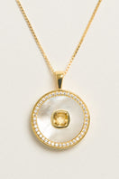 Gold vermeil November birthstone citrine necklace with mother-of-pearl accents by Freya Rose.