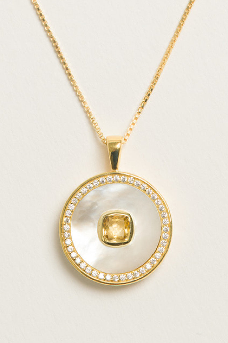 Gold vermeil November birthstone citrine necklace with mother-of-pearl accents by Freya Rose.