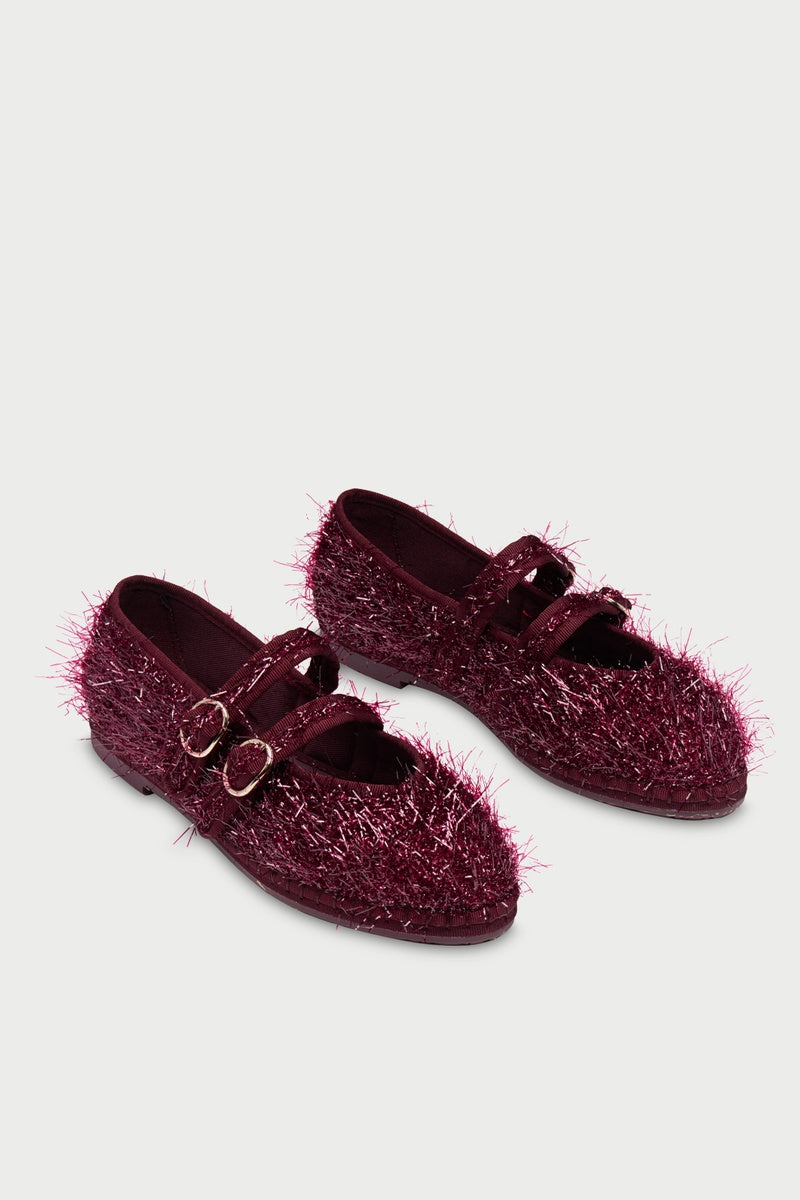 Flabelus Claire Frisson burgundy flats with pointed toe and sleek design, perfect for casual or dressy wear.