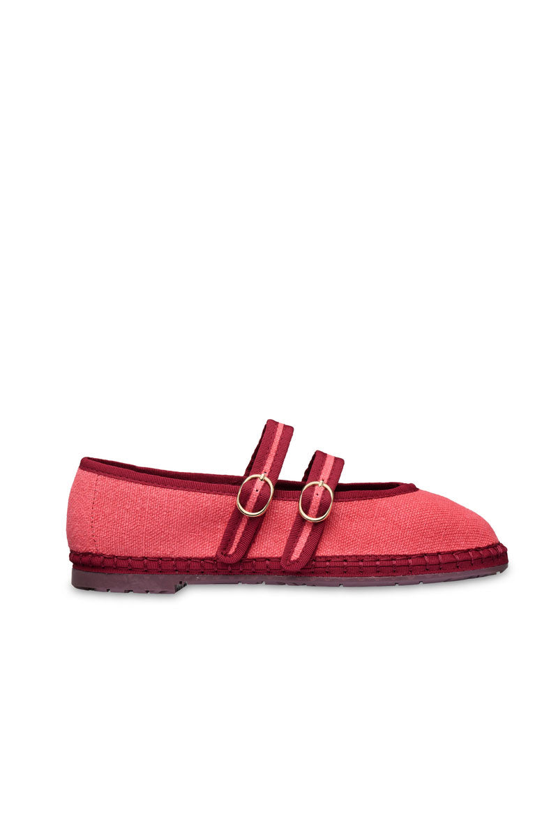 Flabelus Claire Cherry flats with pointed toe and bow detail, featuring a sleek cherry red leather upper and comfortable flat sole.