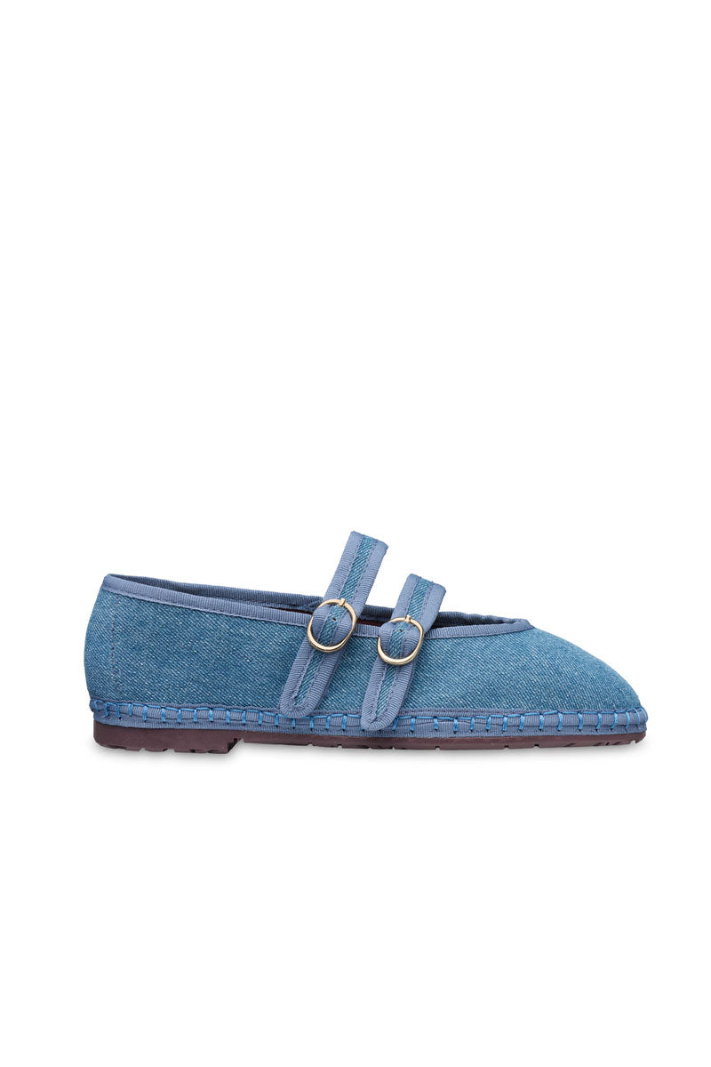 Blue Claire Denim Flats by Flabelus featuring a casual slip-on design and denim fabric for everyday comfort.