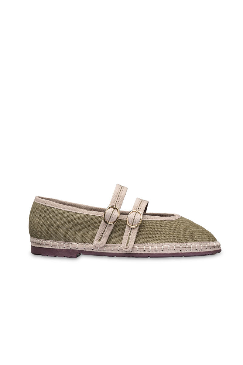 Flabelus Claire Green Flats showing sleek, pointed design with smooth green leather and stylish slip-on style.