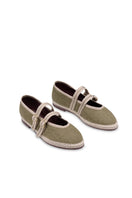Flabelus Claire green flats with pointed toes and sleek design, shown from a side view on a white background.
