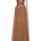 Joséphine Clara dress in mocha, elegant gown with a flowing silhouette, perfect for formal occasions.