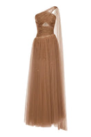 Joséphine Clara dress in mocha, elegant gown with a flowing silhouette, perfect for formal occasions.
