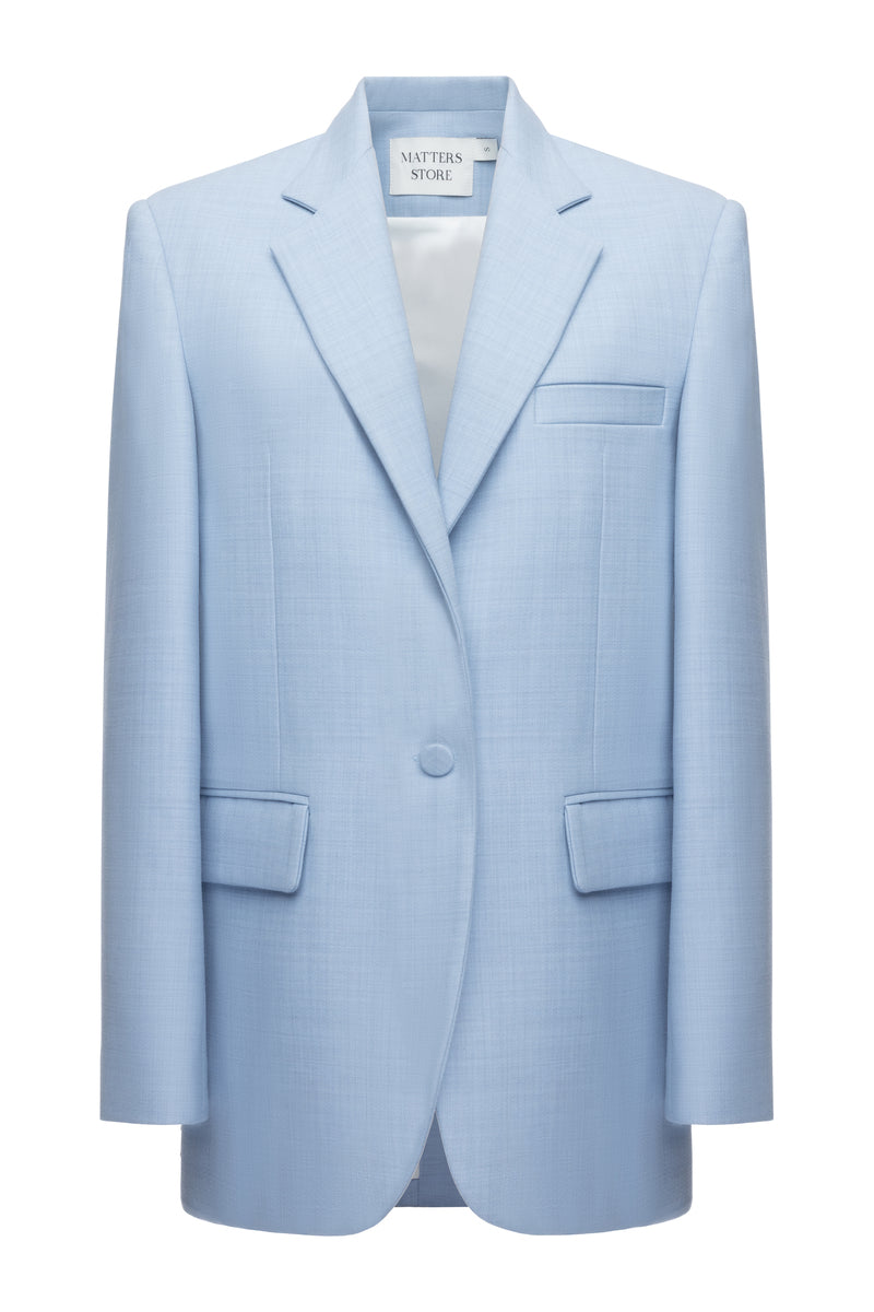 Sky blue co-ord set featuring a blazer and matching pants from MATTERS, styled for a chic and coordinated look.