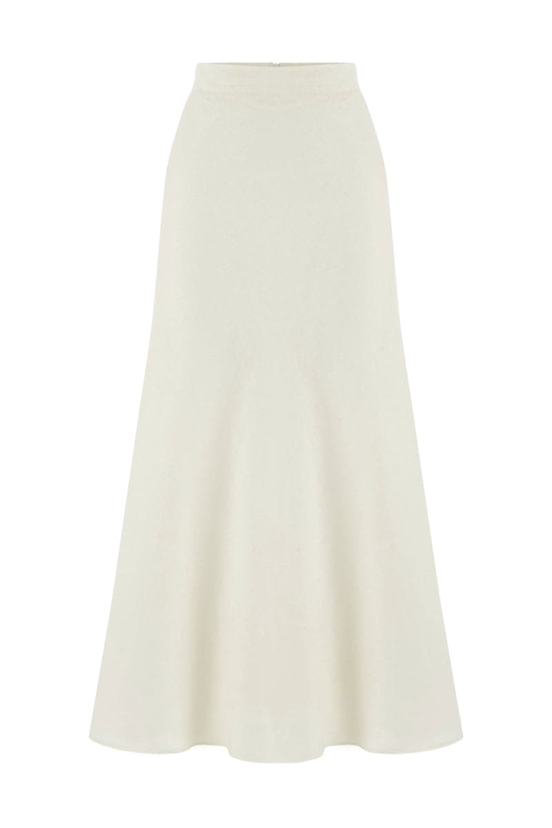 Ecru linen maxi skirt by Labeca, featuring a flowing design and bandeau style, perfect for elegant summer wear.