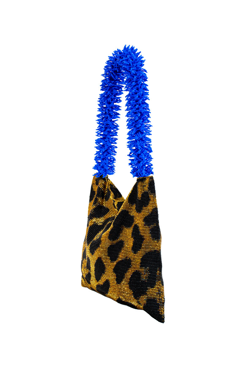 Sac de Soul Clash of Prints gold, black, and blue shoulder bag with bold design and adjustable strap, shown from side view.