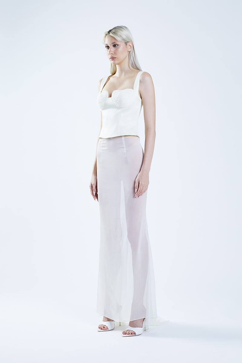 Beige classic fishtail maxi skirt by Stolen Stores, flowing design with a fitted waist and elegant silhouette.