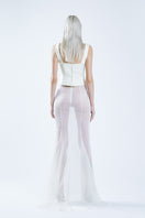 White fishtail maxi skirt by Stolen Stores, flowing design with a fitted waist and elegant length, shown on a mannequin.