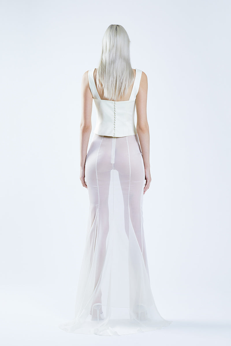 White fishtail maxi skirt by Stolen Stores, flowing design with a fitted waist and elegant length, shown on a mannequin.