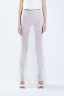 Beige fishtail maxi skirt from Stolen Stores with a classic design, shown styled with a beige bustier top.