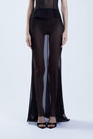 Black fishtail maxi skirt from Stolen Stores featuring a classic design, paired with a black and red bustier for a stylish look.