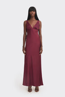 Stolen Stores CULT MIA X Stolen Stores classic maxi slip dress in burgundy, lightweight and flowy fabric, sleeveless design.