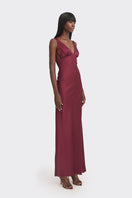 Stolen Stores CULT MIA X classic maxi slip dress in burgundy, lightweight fabric, sleeveless design, and elegant flowy silhouette.