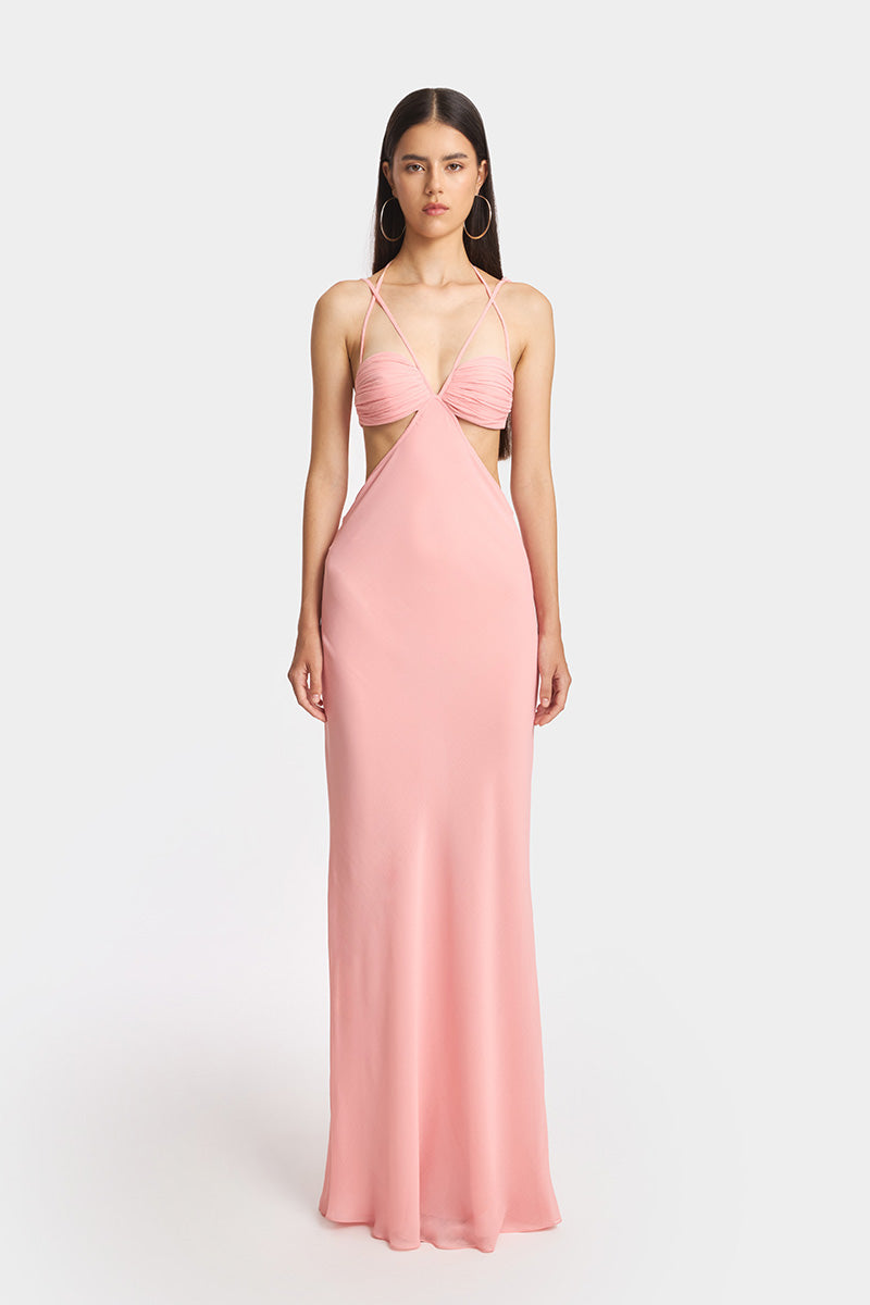CLASSIC CUT-OUT SHEER MAXI DRESS IN SALMON PINK - CULT MIA