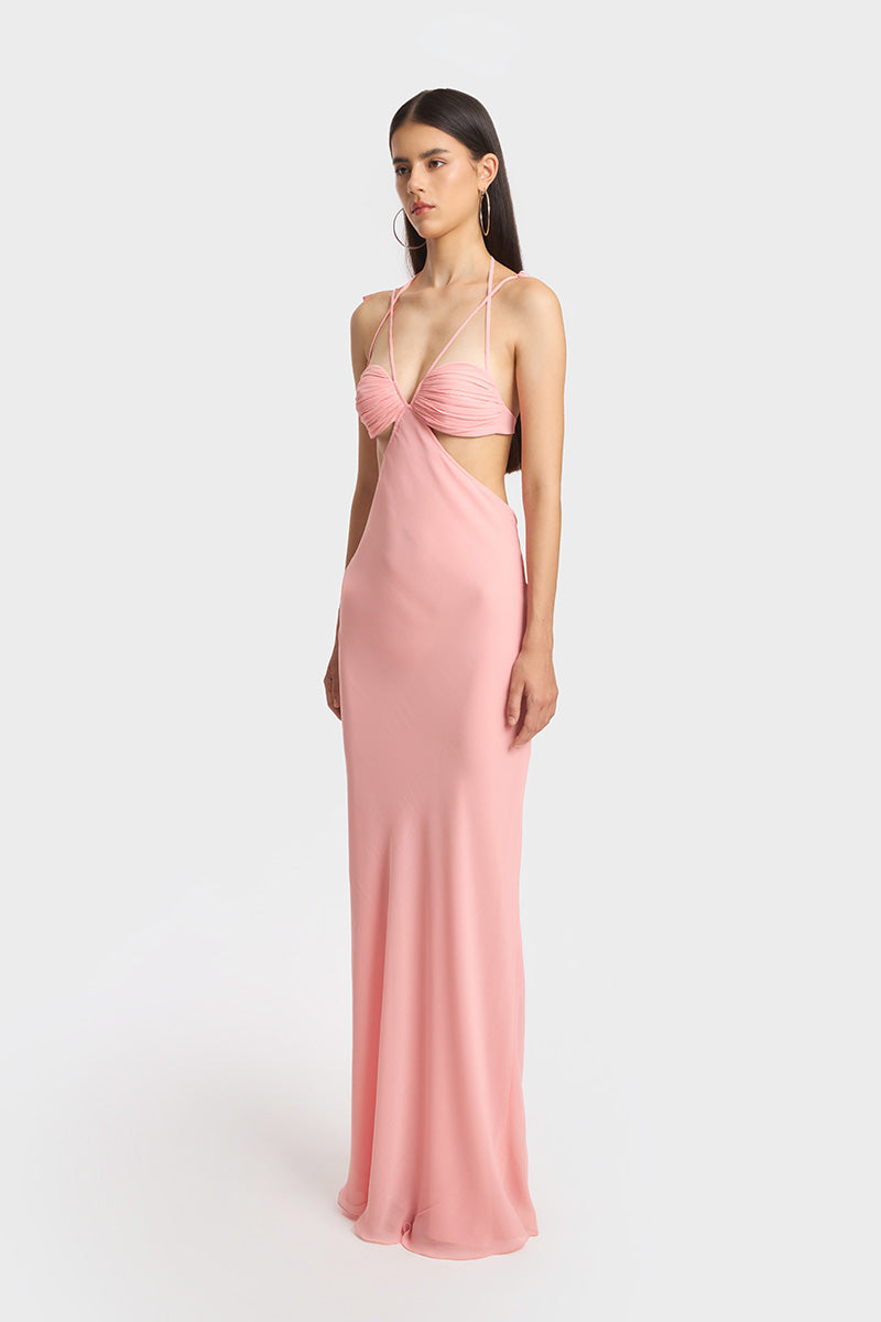 CLASSIC CUT-OUT SHEER MAXI DRESS IN SALMON PINK - CULT MIA