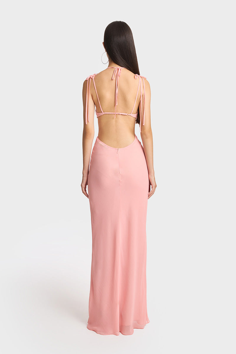 CLASSIC CUT-OUT SHEER MAXI DRESS IN SALMON PINK - CULT MIA