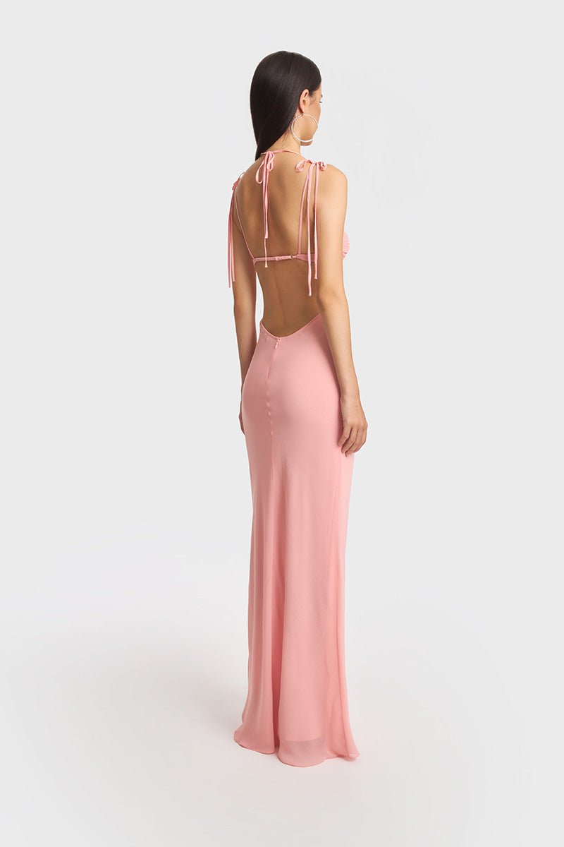 CLASSIC CUT-OUT SHEER MAXI DRESS IN SALMON PINK - CULT MIA