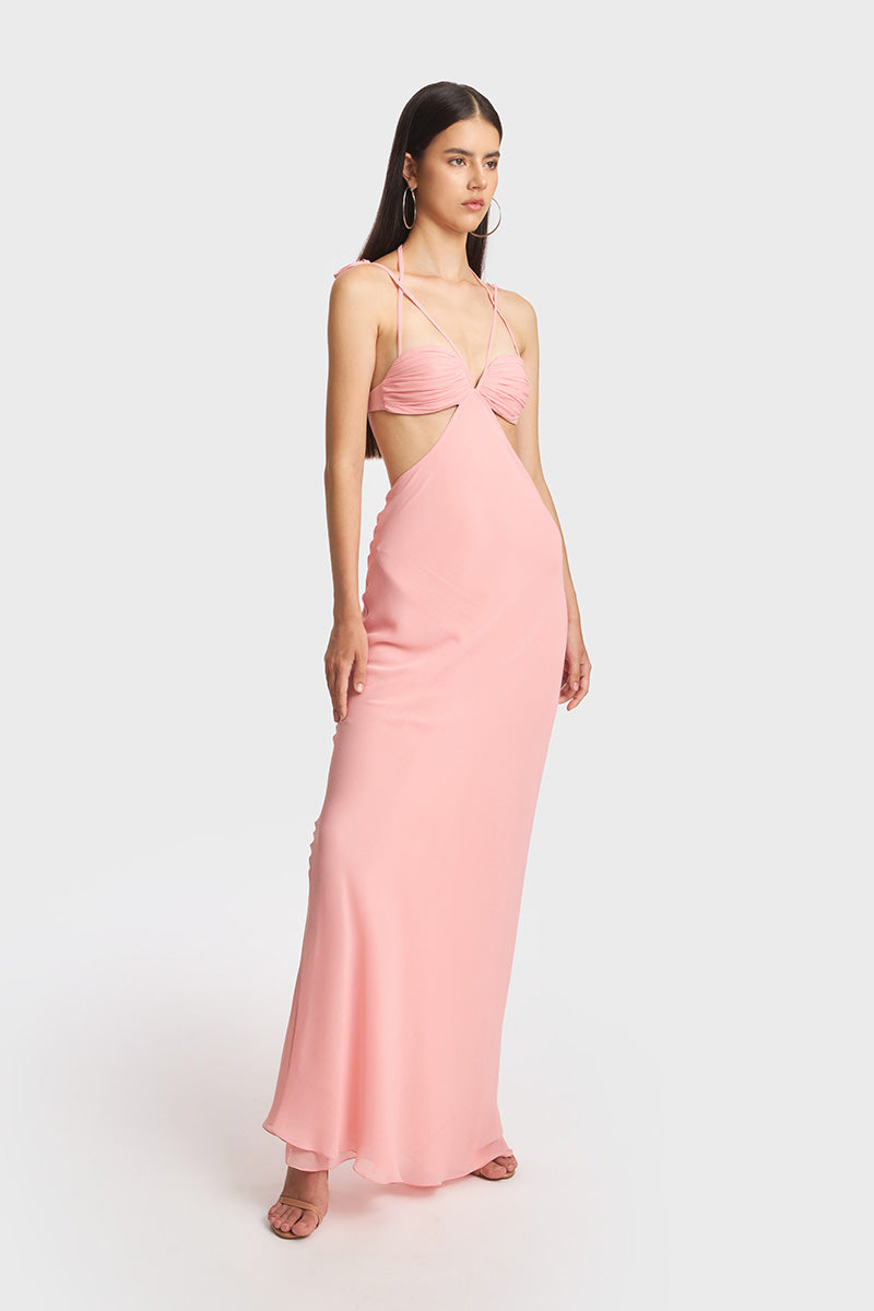 CLASSIC CUT-OUT SHEER MAXI DRESS IN SALMON PINK - CULT MIA
