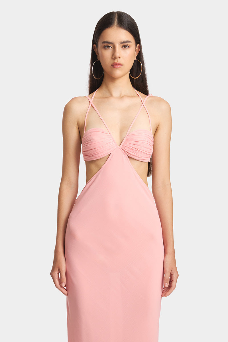 CLASSIC CUT-OUT SHEER MAXI DRESS IN SALMON PINK - CULT MIA