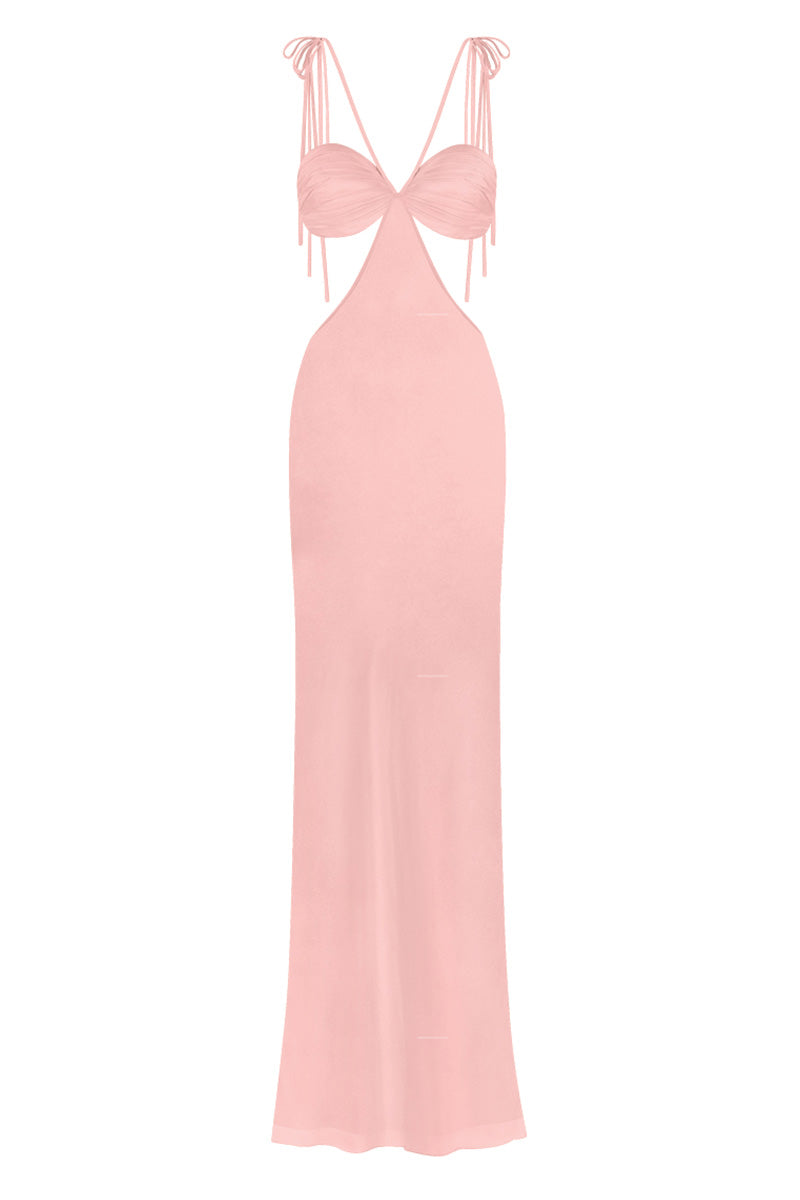 CLASSIC CUT-OUT SHEER MAXI DRESS IN SALMON PINK | CULT MIA